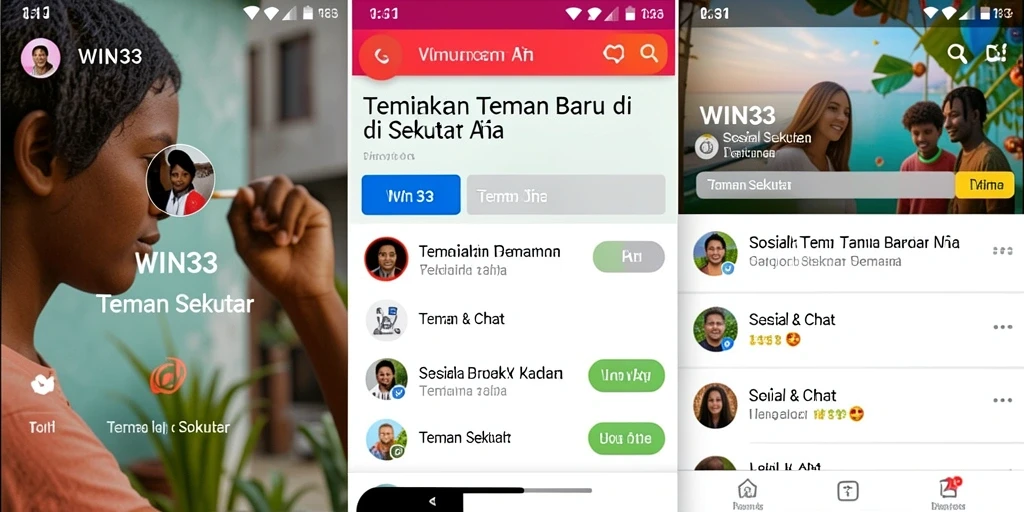 Antarmuka aplikasi WIN33 menampilkan pengguna dan fitur Teman Sekitar yang menarik.