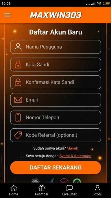 Tampilan halaman daftar maxwin303